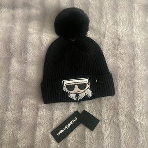 Karl Lagerfeld Beanie - Black - With Pom and Rhinestoned Iconic Logo - NWT